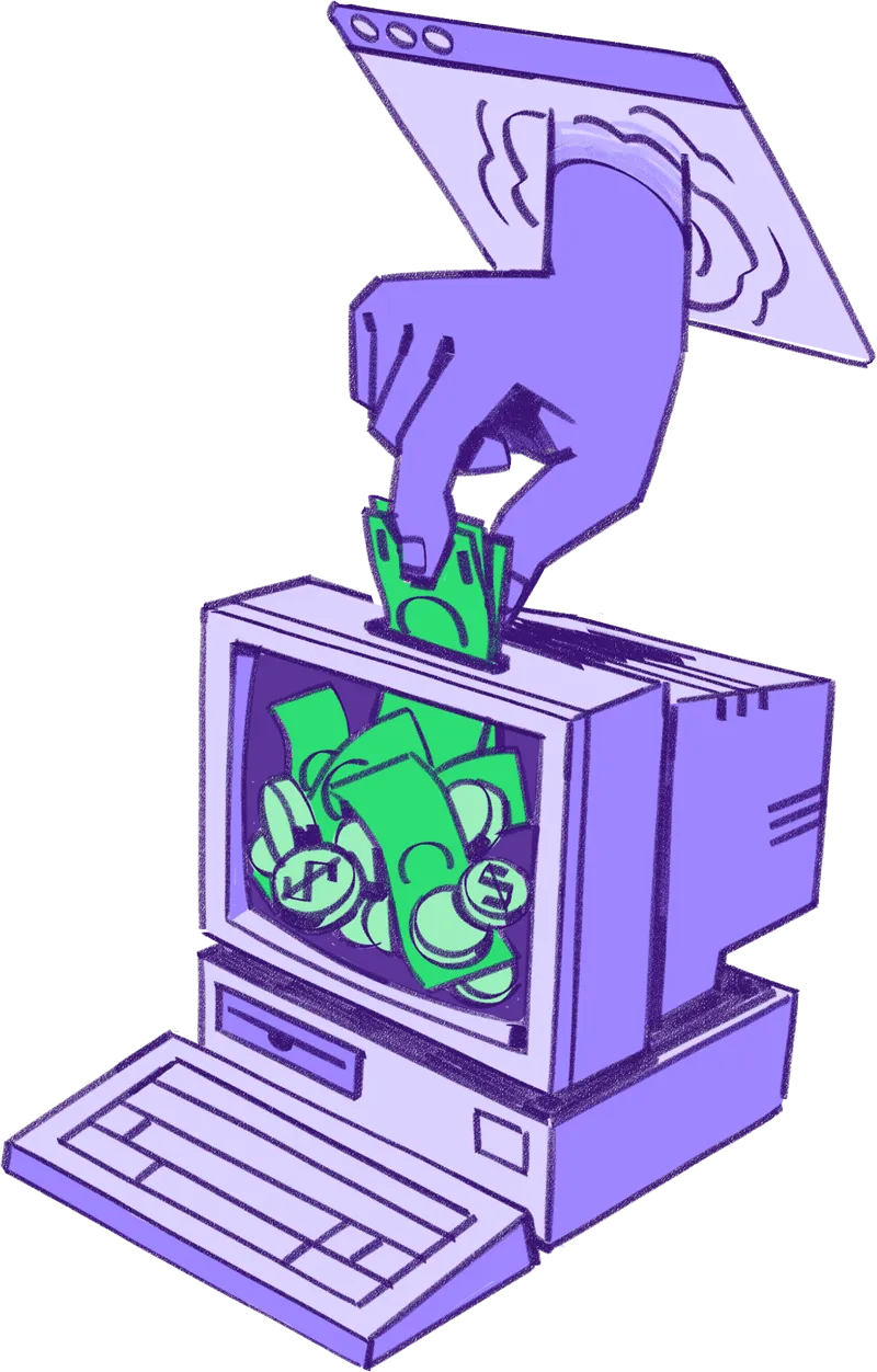 Hand placing money into a computer